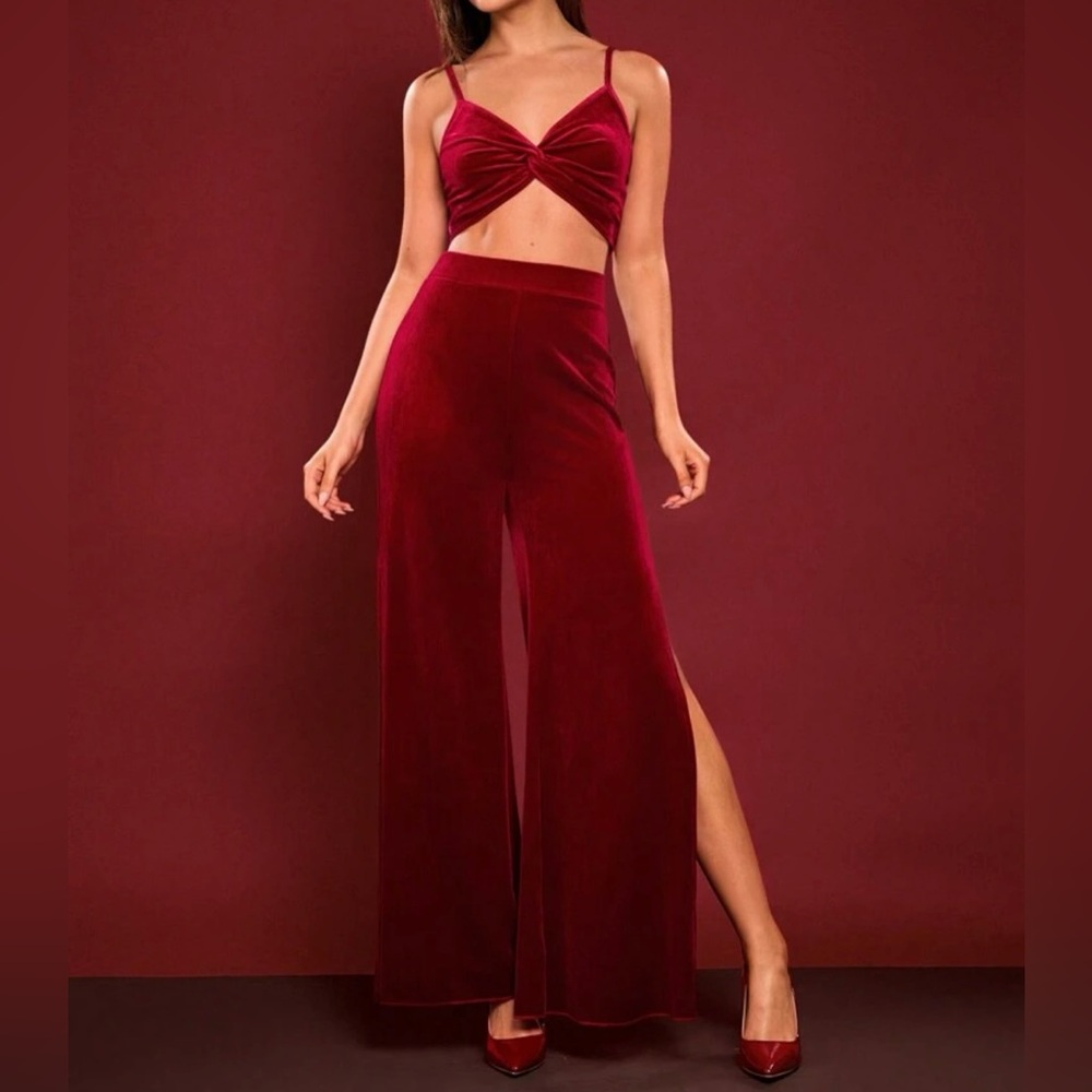 Elegant Burgundy Velvet Twist Front Camisole Top And High Slit Wide Leg Pants